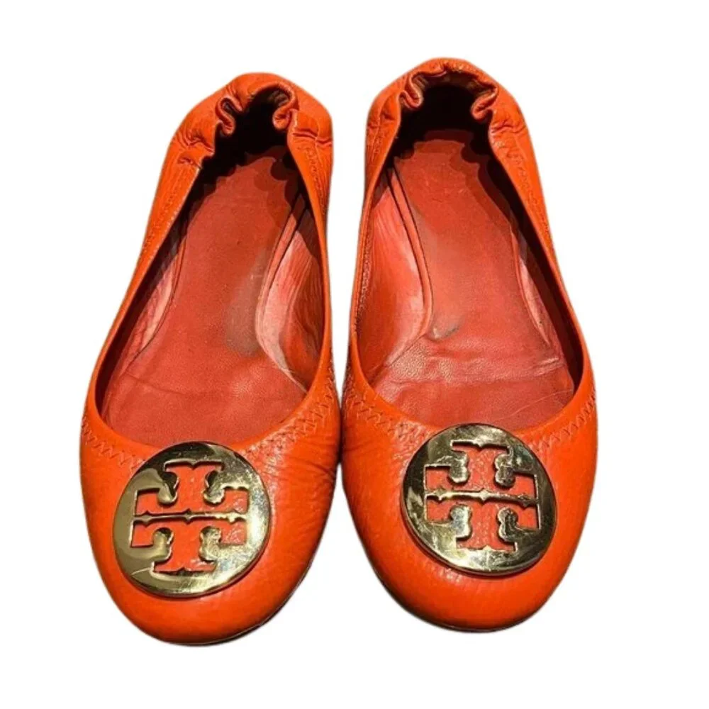 Tory Burch Minnie Travel‎ Ballet Flats Orange Leather Gold Logo – Women’s Size
